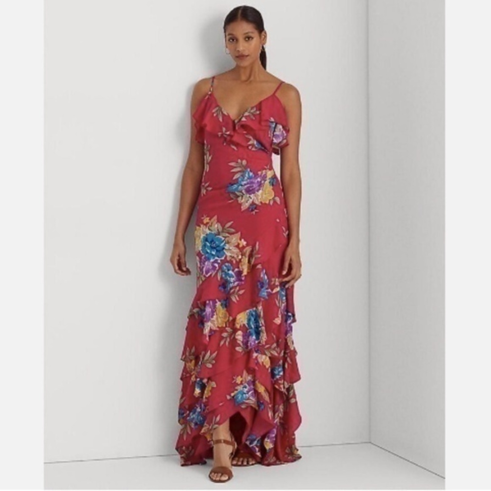 Lauren Ralph Lauren Red Floral Ruffle Maxi Dress